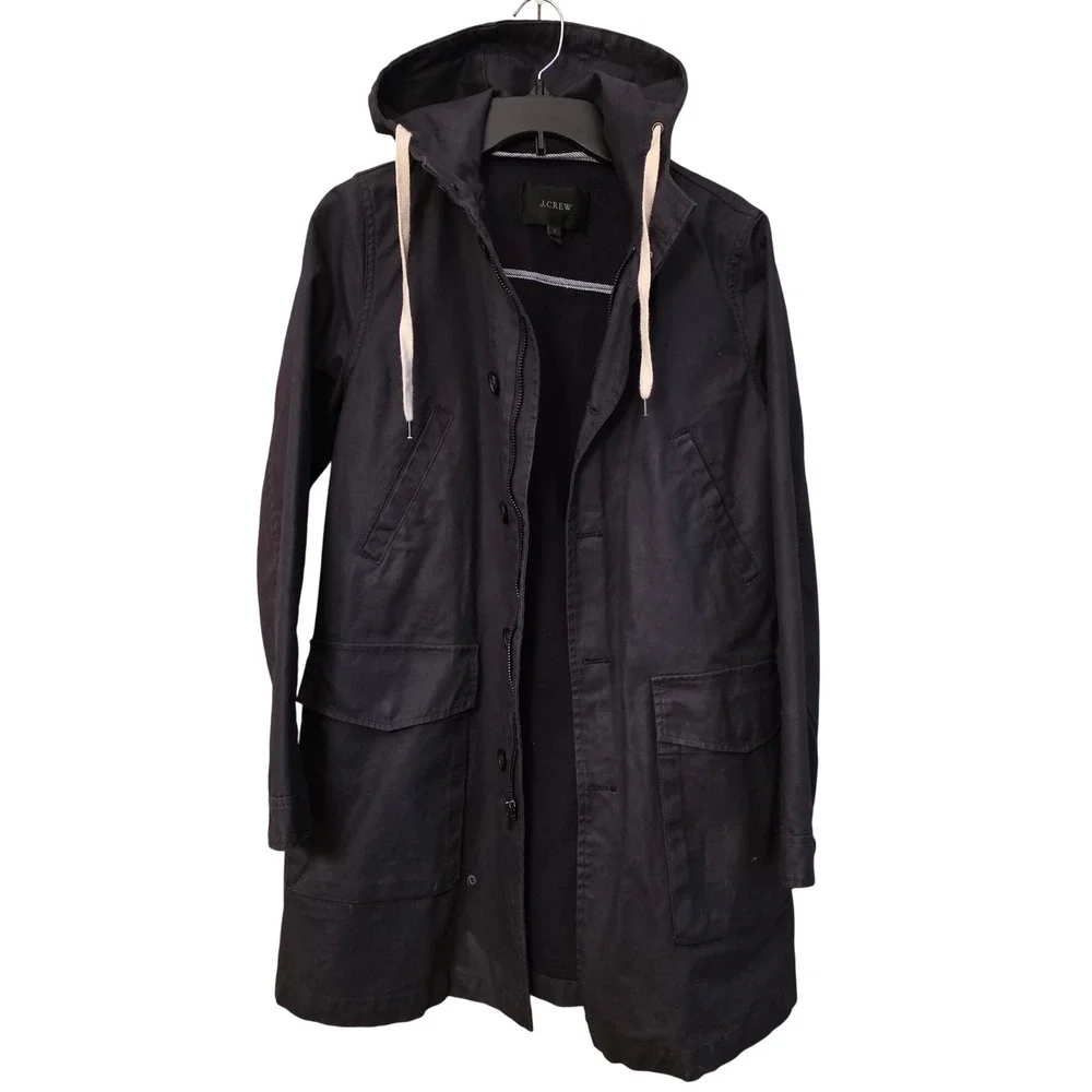 J.Crew Womens Navy Blue Cotton Canvas Hooded Field Parka Waxed Rain Jacket Small